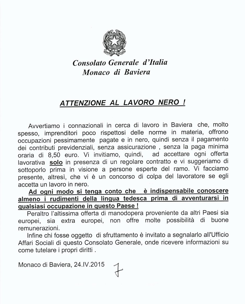 Monaco di Baviera: Avviso del Consolato Generale d'Italia sul "lavoro nero"